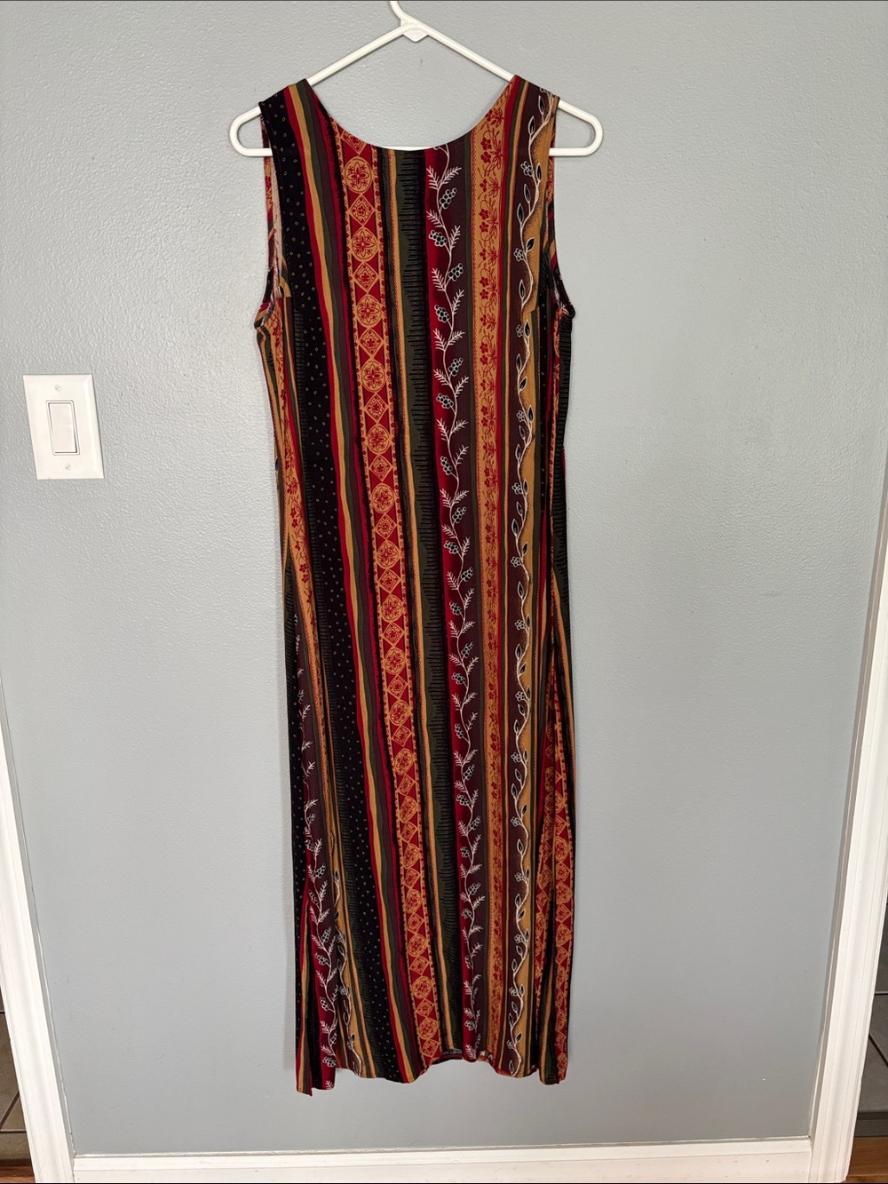 T.J.Maxx Burgundy, Mustard & Black Striped Sleeveless Maxi Dress
